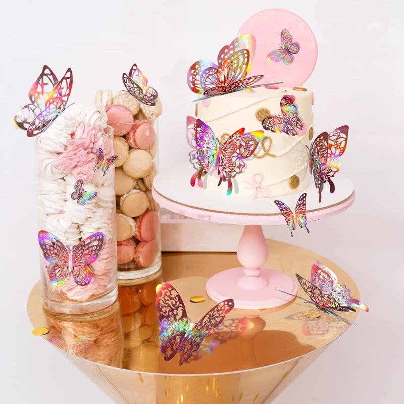 DELEMI 60 Pcs 3D Butterfly Wall Decor Stickers Iridescent Rose Gold Decorations Party, Holographic Butterflies Decor Butterfly Decals for Bedroom Classroom Wedding Decor DIY Gift - Image 2